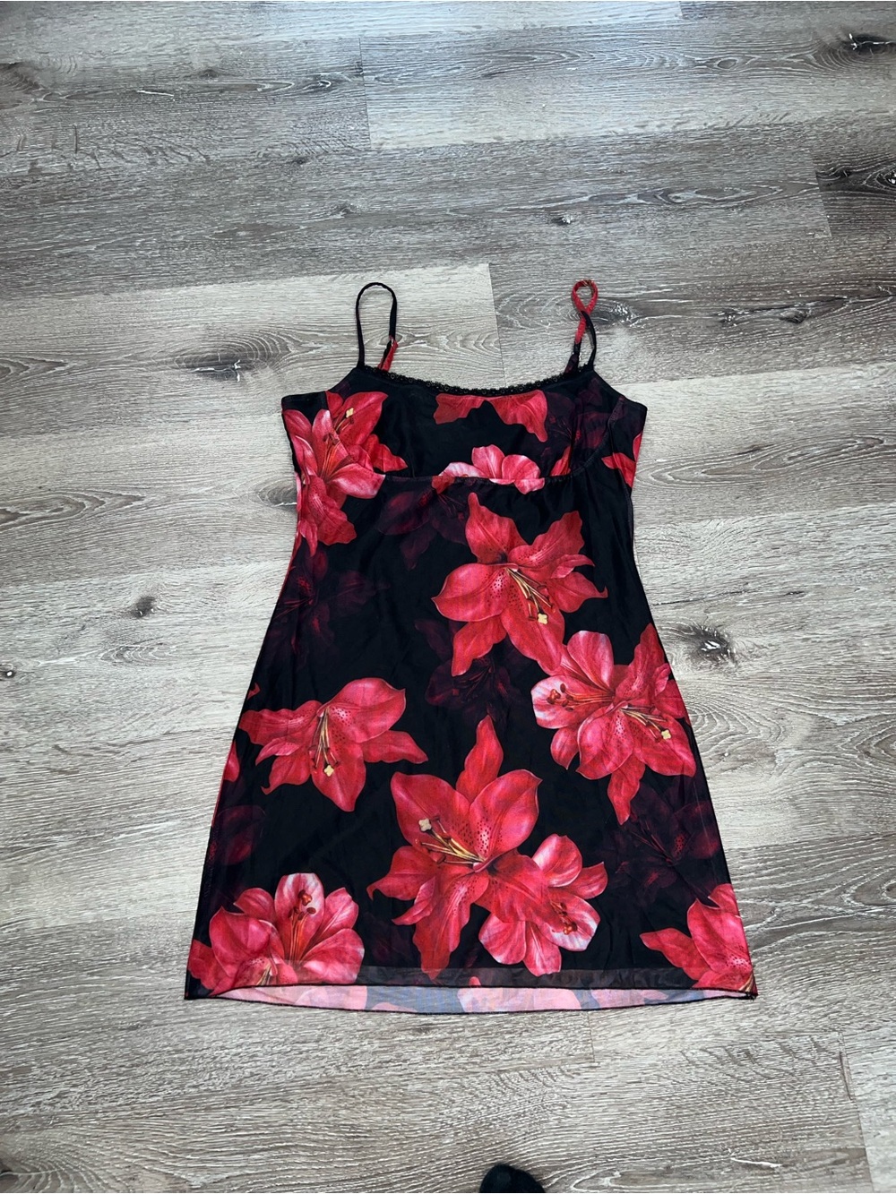 Princess Poly Floral Slip Dress - Black with Red Floral Print